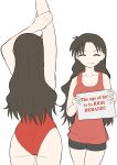  1girl ^_^ absurdres ass azumanga_daioh black_shorts breasts brown_hair closed_eyes collarbone english_text hair_behind_ear highres holding holding_own_arm holding_sign long_hair medium_breasts multiple_views one-piece_swimsuit parted_bangs red_one-piece_swimsuit rytuwil short_shorts shorts sign smile swimsuit tanizaki_yukari 