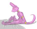  anthro bedding beerus blanket clothed clothing dragon_ball dragon_ball_super feline grandschemetheme jewelry male mammal partially_clothed penis simple_background slim solo white_background 
