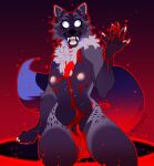 2024 anthro blood blood_on_fur bodily_fluids breasts canid canine canis claws digital_media_(artwork) fangs female fur hi_res long_tail looking_at_viewer mammal neck_tuft nipples omnifangs open_mouth scary sitting small_breasts solo tail teeth thick_thighs tuft watermark wolf