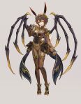  1girl absurdres animal_ears bodysuit bodysuit_under_clothes boots breasts brown_hair claw_ring commission corruption dark_persona demon_girl demon_horns demon_wings full_body garter_straps gold_trim grey_background hand_on_own_chest highres horns looking_at_viewer medium_breasts original rabbit_ears rabbit_girl rabbit_tail shen_hai_ichigo short_hair skeletal_wings skin_tight smug solo standing tail thigh_boots variant_set wings yellow_eyes 