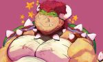 anthro bowser bracelet fangs fluffos green_body hair hi_res horn jewelry koopa male mario_bros musclegut muscular nintendo pecs pubes red_hair scales scalie shell simple_background smile solo teeth yellow_body