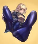  1girl artist_name black_dress blonde_hair blue_pantyhose breasts buttons commission double-breasted dress epaulettes erection eyelashes feet fire_emblem fire_emblem:_three_houses foreshortening full_body gold_trim green_eyes hand_on_own_thigh highres ingrid_brandl_galatea juliet_sleeves knees_apart_feet_together knees_up legs long_hair long_sleeves looking_at_viewer medium_breasts military_uniform no_shoes pantyhose parted_lips pov puffy_sleeves see-through see-through_legwear shiny_clothes sidelocks simple_background skeb_commission soles solo toenails toes tokiatm twitter_username uniform yellow_background 