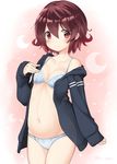  arched_back arm_at_side bell_(oppore_coppore) blue_bra blue_panties bow bow_panties bra breasts brown_hair cowboy_shot gradient_hair hair_between_eyes kantai_collection looking_at_viewer multicolored_hair mutsuki_(kantai_collection) navel off_shoulder open_clothes open_shirt panties red_eyes red_hair remodel_(kantai_collection) school_uniform serafuku shirt short_hair sleeves_past_wrists small_breasts smile solo thighs underwear 