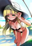  1girl absurdres adjusting_hair armpit_peek beach bent_over bikini black_bikini blonde_hair blunt_bangs blush breasts cleavage colored_eyelashes eudetenis eyelashes green_eyes hat highres legs lillie_(pokemon) long_hair looking_at_viewer medium_breasts navel ocean palm_tree pokemon pokemon_sm shiny_clothes shiny_skin shy sidelighting signature sky solo standing stomach sun_hat swimsuit thigh_gap tree water_drop wet wet_hair 
