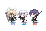  1girl 2boys 625light absurdres aventurine_(honkai:_star_rail) blonde_hair chibi colored_inner_hair dr._ratio_(honkai:_star_rail) english_text goggles gun handgun highres holding holding_gun holding_shield holding_weapon honkai:_star_rail honkai_(series) multicolored_eyes multicolored_hair multiple_boys one_eye_closed purple_eyes purple_hair red_eyes red_hair rifle shield simple_background sniper_rifle streaked_hair topaz_(honkai:_star_rail) two-tone_hair weapon white_background white_hair 