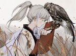  1boy androgynous animal_on_arm archer_(fate/samurai_remnant) bird bird_on_arm chinese_clothes closed_eyes commentary fate/samurai_remnant fate_(series) from_side grey_hair high_ponytail highres long_hair male_focus minatsunen multicolored_hair muted_color outdoors ponytail profile smile solo streaked_hair upper_body wheat_field white_hair 