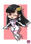  1girl animification black_eyes black_hair bodysuit breasts bright_pupils chibi cosplay gloves gundam gundam_seed gundam_seed_freedom hair_behind_ear head_tilt highres lacus_clyne lacus_clyne_(cosplay) looking_at_viewer medium_breasts one_eye_closed pilot_suit real_life shinonome_umi smile solo tomo_shimomu white_bodysuit white_gloves white_pupils 