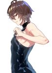  1boy ahoge annoyed armpit_crease brown_hair clothes_pull commentary_request from_side frown granblue_fantasy hair_between_eyes makita_(homosapiensu) male_focus messy_hair nipples pectorals profile red_eyes sandalphon_(granblue_fantasy) shiny_clothes short_hair simple_background skin_tight sleeveless sleeveless_turtleneck solo_focus turtleneck upper_body white_background 