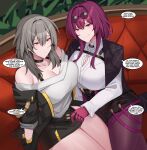  2girls absurdres bare_shoulders black_choker black_gloves black_jacket black_shorts black_skirt bra_strap breasts brown_eyes choker cleavage cleavage_cutout clothing_cutout commentary gloves grey_hair hair_intakes highres honkai:_star_rail honkai_(series) indoors jacket kafka_(honkai:_star_rail) kanta_(kanta_077) large_breasts long_hair long_sleeves miniskirt multiple_girls off-shoulder_shirt off_shoulder open_clothes open_jacket pantyhose pantyhose_under_shorts purple_eyes purple_hair purple_pantyhose shirt short_shorts shorts sitting skirt speech_bubble stelle_(honkai:_star_rail) thick_thighs thighs trailblazer_(honkai:_star_rail) white_shirt yuri 