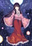  1girl artist_name black_hair bow bowtie bright_pupils closed_mouth floating frilled_shirt_collar frilled_skirt frilled_sleeves frills full_body full_moon highres hime_cut houraisan_kaguya long_hair long_skirt long_sleeves looking_at_viewer moon night night_sky oftooon orb pink_shirt purple_eyes red_skirt shirt sidelocks signature skirt sky smile solo star_(sky) touhou white_bow white_bowtie white_pupils wide_sleeves 