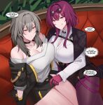  2girls :q absurdres bare_shoulders black_choker black_gloves black_jacket black_shorts black_skirt bra_strap breasts brown_eyes choker cleavage cleavage_cutout clothing_cutout commentary gloves grey_hair hair_intakes highres honkai:_star_rail honkai_(series) indoors jacket kafka_(honkai:_star_rail) kanta_(kanta_077) large_breasts long_hair long_sleeves miniskirt multiple_girls off-shoulder_shirt off_shoulder open_clothes open_jacket pantyhose pantyhose_under_shorts purple_eyes purple_hair purple_pantyhose shirt short_shorts shorts sitting skirt speech_bubble stelle_(honkai:_star_rail) thick_thighs thighs tongue tongue_out trailblazer_(honkai:_star_rail) white_shirt yuri 