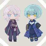  2girls angela_(project_moon) belt black_belt black_coat black_skirt black_vest blue_coat blue_hair chibi closed_mouth coat coat_on_shoulders faust_(project_moon) full_body id_card library_of_ruina limbus_company looking_at_viewer multiple_girls noconoko project_moon short_hair skirt smile vest white_hair yellow_eyes 