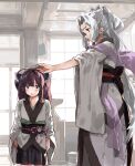  2girls :o ahoge animal_ears back_bow black_skirt blush bow brown_eyes brown_hair closed_mouth fox_ears grey_hair grey_kimono hagoromo hand_on_another&#039;s_head headgear headpat height_difference highres indoors japanese_clothes kimono lamb_(hitsujiniku) long_hair long_sleeves looking_at_another multiple_girls obi obijime parted_bangs pleated_skirt ponytail profile purple_eyes purple_sash sash shawl siblings sidelocks sisters skirt smile standing sunlight touhoku_itako touhoku_kiritan twintails very_long_hair voiceroid white_kimono wide_sleeves window 