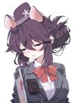  1girl animal_ears black_hat blue_archive bow bowtie breasts closed_eyes collared_shirt extra_ears hair_between_eyes hat kaede_(blue_archive) kaede_(guide)_(blue_archive) large_breasts long_hair mitsutsuka open_mouth purple_hair red_bow red_bowtie shirt simple_background solo tour_guide upper_body white_background white_shirt 