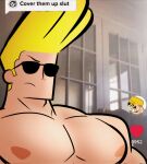  1boy bara blonde_hair cartoon_network commentary cover_them_up_slut_(meme) dialogue_box english_commentary frown heart highres indoors johnny_bravo johnny_bravo_(series) large_pectorals male_focus meme muscular muscular_male nipples nude pectoral_focus pectorals photo_background pompadour raised_eyebrow samurai_jack samurai_jack_(character) short_hair sideburns solo spiked_hair sunglasses upper_body user_interface vispa_king 