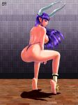  1girl absurdres angry ass barefoot blue_hair breasts brick_floor cross forehead_jewel gem hathor_(megami_tensei) highres horns huge_ass jewelry large_breasts looking_at_viewer patterned_background pink_lips pointy_ears purple_eyes shadow shin_megami_tensei signature thong yoshikisakurai 