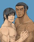  2boys absurdres bara black_hair couple dark-skinned_male dark_skin golden_kamuy hairy hei_0079 highres kirawus_(golden_kamuy) large_pectorals long_sideburns looking_at_viewer male_focus mature_male multiple_boys muscular muscular_male nude pectoral_docking pectoral_press pectorals rikimatsu_ariko scar scar_on_face sideburns smile sparse_chest_hair thick_chest_hair thick_eyebrows upper_body yaoi 