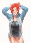  1girl absurdres aqua_eyes blue_one-piece_swimsuit boudica_(fate) breasts breath closed_mouth commentary_request fate/grand_order fate_(series) hair_tie hair_tie_in_mouth highres jacket large_breasts lips looking_at_viewer mouth_hold official_alternate_costume one-piece_swimsuit open_clothes open_jacket pink_lips red_hair short_hair simple_background solo swimsuit tonko_from track_jacket tying_hair wet whistle whistle_around_neck white_background 