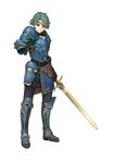  absurdres alm_(fire_emblem) armor armored_boots boots circlet clenched_hand fire_emblem fire_emblem_echoes:_mou_hitori_no_eiyuuou full_body gloves green_eyes green_hair hidari_(left_side) highres holding holding_sword holding_weapon left-handed male_focus official_art outstretched_arm solo sword transparent_background weapon 