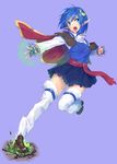  :o blue_background blue_eyes blue_hair blue_skirt brown_footwear cape capelet clenched_hand crescent crescent_hair_ornament fingerless_gloves full_body gloves hair_ornament kyougoku_touya looking_at_viewer open_mouth pointy_ears red_cape rena_lanford serious shirt shoes short_hair skirt solo standing standing_on_one_leg star_ocean star_ocean_the_second_story thighhighs white_legwear white_shirt 