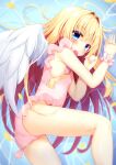  1girl :o angel angel_wings bare_arms bare_legs blonde_hair blue_eyes blush breasts feet_out_of_frame frilled_one-piece_swimsuit frilled_wristband frills from_above from_side hair_intakes hair_spread_out halo hands_up highres hiragana_iroiro knee_up long_hair looking_at_viewer looking_to_the_side lying one-piece_swimsuit open_mouth original partially_submerged pink_one-piece_swimsuit shallow_water sideways_glance small_breasts solo swimsuit very_long_hair water white_wings wings 