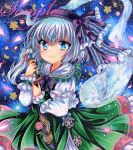  1girl black_hairband blue_eyes closed_mouth dress frills green_dress green_hair hairband holding holding_sword holding_weapon konpaku_youmu konpaku_youmu_(ghost) long_sleeves looking_at_viewer marker_(medium) medium_hair ofuda rui_(sugar3) sample_watermark sheath sheathed smile solo sword tassel touhou traditional_media upper_body watermark weapon 