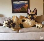 anthro canid canine chest_tuft clothed clothing draw_over feet foot_focus furniture looking_at_viewer lying male mammal on_side on_sofa partially_clothed pawpads sofa solo tarumeow tongue tongue_out tuft underwear