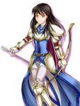  1girl armor arrow_(projectile) astrid_(fire_emblem) black_hair bow_(weapon) breastplate cape commentary_request fingerless_gloves fire_emblem fire_emblem:_radiant_dawn gloves holding holding_bow_(weapon) holding_weapon long_hair looking_at_viewer orange_eyes pauldrons purple_cape purutoppu_(toranohige) shoulder_armor smile solo weapon 