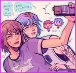  2girls :p black_nails blue_eyes blush brown_hair camera chloe_price closed_eyes english_text eyebrow_piercing flshfish grin highres holding holding_camera life_is_strange max_caulfield multiple_girls one_eye_closed piercing purple_shirt shirt short_hair smile speech_bubble star_(symbol) tongue tongue_out 