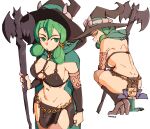  1girl 3amsoda breasts censored cleavage cloak green_cloak green_eyes green_hair hat high_heels highres hodrick_(unicorn_overlord) holding holding_staff long_hair novelty_censor revealing_clothes solo squatting staff unicorn_overlord witch witch_hat yahna 