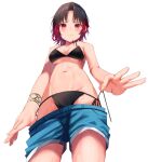  1girl bikini black_bikini black_hair blush breasts cleavage from_below gradient_hair highres iris_black_games kisaragi_ren_(vtuber) medium_breasts multicolored_hair navel parted_bangs red_eyes red_hair short_shorts shorts simple_background solo swimsuit temari_maco undressing virtual_youtuber vspo! white_background wristlet 