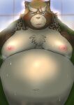 2024 anthro belly big_belly blush bodily_fluids brown_body canid canine gyobu_(tas) hi_res kemono lifewonders male mametanu_tanuki mammal moobs musk navel nipples overweight overweight_male raccoon_dog scar solo sweat tanuki tattoo tokyo_afterschool_summoners