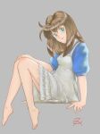  1girl antenna_hair barefoot blue_shirt brown_hair dress feet green_eyes grey_background hand_on_own_knee head_tilt highres looking_at_viewer original pinafore_dress puffy_sleeves shirt signature simple_background sitting sleeveless sleeveless_dress solo tarafuque toes white_dress 