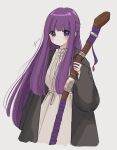  1girl black_robe blush collar dress fern_(sousou_no_frieren) frilled_collar frills holding holding_wand long_hair looking_at_viewer pina purple_eyes purple_hair purple_ribbon ribbon robe sidelocks simple_background solo sousou_no_frieren upper_body wand white_background white_dress 