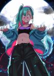  1girl absurdres blue_hair blush bra_(dragon_ball) dragon_ball dragon_ball_gt headband highres monkey_tail moon navel pink_mousse red_eyes side_ponytail solo sports_bra tail 