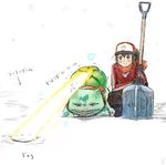  attack baseball_cap blush brown_eyes brown_hair bulbasaur commentary female_protagonist_(pokemon_go) fumuna gen_1_pokemon gloves hat light mundane_utility pokemon pokemon_(creature) pokemon_go ponytail scarf smile snow snow_shovel snowing solar_beam squatting winter 