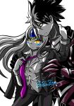  1boy 1girl black_hair code:_nemesis_(elsword) couple cross cross_necklace elsword eve_(elsword) expressionless face-to-face facial_mark forehead_jewel formal grey_hair hug jacket jewelry long_hair mechanical_arms mechanical_ears multicolored_hair necklace necktie raven_cronwell reckless_fist_(elsword) robot_ears shirt signature single_mechanical_arm spiked_hair two-tone_hair white_background white_hair yellow_eyes zoza 