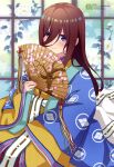  1girl absurdres blue_eyes blush brown_hair closed_mouth go-toubun_no_hanayome hair_between_eyes hand_fan highres holding holding_fan japanese_clothes kimono long_hair looking_at_viewer megami_magazine multicolored_clothes multicolored_kimono nakano_miku official_art paper_fan scan smile solo tassel wide_sleeves 