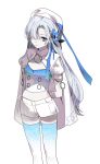  1girl arms_behind_back blue_eyes blue_flower blue_ribbon blue_shirt blue_thighhighs closed_mouth commentary_request feet_out_of_frame flower fresa_pie grey_hair hair_flower hair_ornament hair_over_one_eye highres isekai_joucho kamitsubaki_studio long_hair looking_at_viewer one_eye_covered ribbon shirt short_sleeves shorts shrug_(clothing) simple_background solo thighhighs white_background white_hat white_shorts white_shrug 