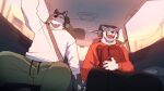  2boys backpack bag bara black_pants car_interior closed_eyes fangs furry furry_male green_pants holding_hands male_focus multiple_boys nomifuki original pants red_sweater seatbelt sitting smile sweater white_sweater yaoi 