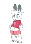  anthro black_fur blush boxers_(clothing) bulge clothed clothing clothing_lift cub fur hoodie lagomorph lambent male mammal navel penis_outline rabbit red_eyes shirt shirt_lift simple_background solo standing tongue tongue_out underwear white_fur young 