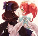  2girls angel_and_devil ao_(ao0_0nemu) bad_id bad_pixiv_id black_horns black_wings blue_bow blue_eyes bow brown_hair closed_mouth cross demon_horns feathered_wings from_behind hair_bow halo hand_on_hand hand_up highres horns kurosu_aroma long_hair long_sleeves looking_at_viewer looking_back multiple_girls ponytail pretty_series pripara red_hair ribbon shiratama_mikan simple_background white_ribbon white_wings wide_sleeves wings yellow_eyes yellow_halo 