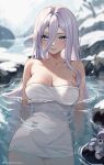  1girl bare_shoulders blue_eyes breasts date_a_live hair_between_eyes helloimtea highres large_breasts long_hair looking_at_viewer naked_towel onsen smile snow solo stuffed_toy takamiya_mio towel water wet_towel white_hair 