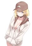  1girl absurdres baseball_cap blonde_hair blue_eyes bluefield blush breasts cleavage collarbone hands_in_pockets hat highres hololive hololive_english hood hood_down hooded_jacket jacket large_breasts long_sleeves looking_at_viewer mole mole_on_breast open_mouth peaked_cap short_hair simple_background solo upper_body virtual_youtuber watson_amelia white_background white_jacket 