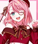  1girl adapted_costume bare_shoulders blush charlotte_(genshin_impact) genshin_impact gold_trim_bow green_eyes hat long_sleeves looking_at_viewer medium_hair monocle nail_polish open_mouth pink_hair pochimaru_(marumaru_wanwan) red_hat shirt side_ponytail smile solo 