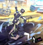  2girls :d absurdres armband black_footwear black_hat black_shorts black_skirt blue_archive blue_armband blurry blurry_background boots commentary_request demon_tail frown full_body gloves green_hair green_halo halo hat highlander_sidelocks_conductor_(blue_archive) highlander_twintails_conductor_(blue_archive) highres holding_hands long_hair looking_at_viewer majinmallow multiple_girls outdoors parody persona persona_5 pointy_ears railroad_tracks shako_cap shorts sidelocks skirt smile tail train trait_connection twintails white_gloves yellow_eyes 