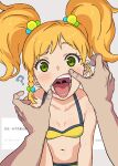  1boy 1girl ? aikatsu!_(series) aikatsu_stars! bikini blonde_hair braid breasts commentary_request green_eyes looking_at_viewer mouth_pull navel nikaido_yuzu open_mouth osame pov pov_hands saliva side_braid small_breasts solo_focus sweat swimsuit teeth tongue tongue_out twintails uvula yellow_bikini 