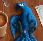  2017 animal_genitalia avian beak bird blu_(rio) brown_eyes claws cloaca coffee_mug exposed feathered_wings feathers feral fol foot_focus hindpaw macaw male parrot paws presenting presenting_cloaca rio solo spoon talons toe_claws toes wings 