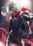  1boy blue_eyes closed_mouth coat cowboy_hat dante_(devil_may_cry) devil_may_cry_(series) devil_may_cry_5 fingerless_gloves flower flower_in_mouth gloves hat highres holding long_hair looking_at_viewer male_focus mouth_hold red_flower red_rose rose shigu_dmc shirt smile solo upper_body white_hair 