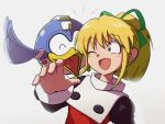  1girl beak beat_(mega_man) bird blonde_hair blue_eyes dress hair_ribbon high_ponytail highres long_hair mega_man_(classic) mega_man_(series) non-humanoid_robot one_eye_closed open_mouth red_dress ribbon robot robot_animal roll_(mega_man) simple_background tukitosupponc upper_body white_background 